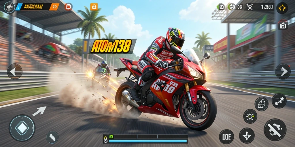 Tampilan gameplay balapan motor di ATOM138 yang seru dan menantang.