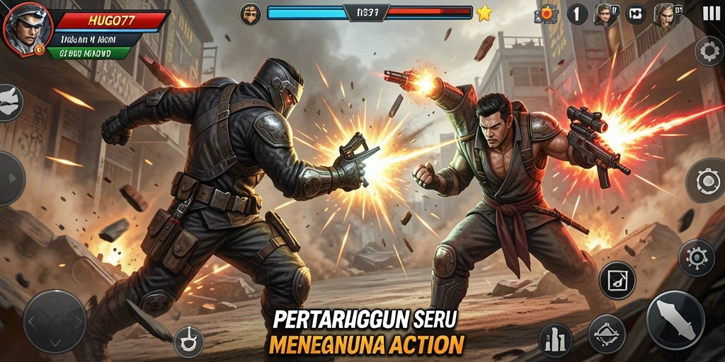 Tampilan pertarungan seru dalam gameplay HUGO77.