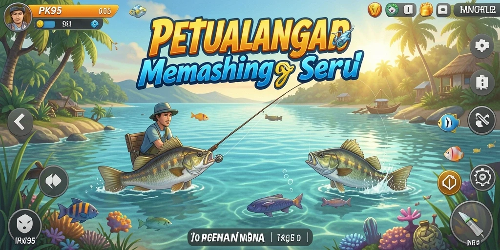 Tampilan gameplay PK95 yang menyenangkan dengan lingkungan memancing yang indah.