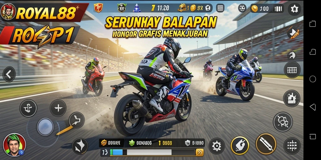 Tampilan gameplay menegangkan dari ROYAL88 dengan motor balap yang melaju kencang.