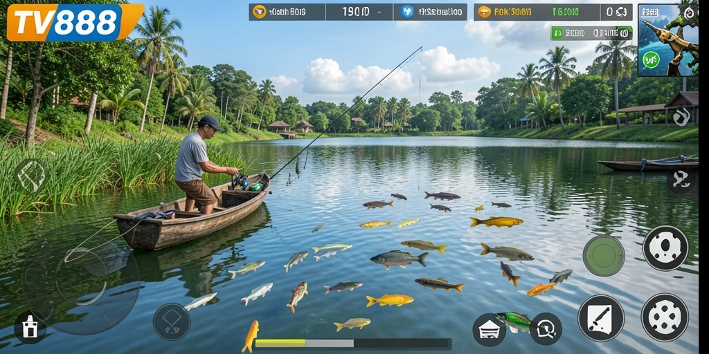 Gameplay memancing seru di TV888 dengan berbagai jenis ikan.