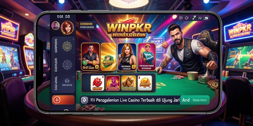 Screenshot gameplay menunjukkan dealer live di <strong>WINPKR</strong> dengan pemain aktif di meja.